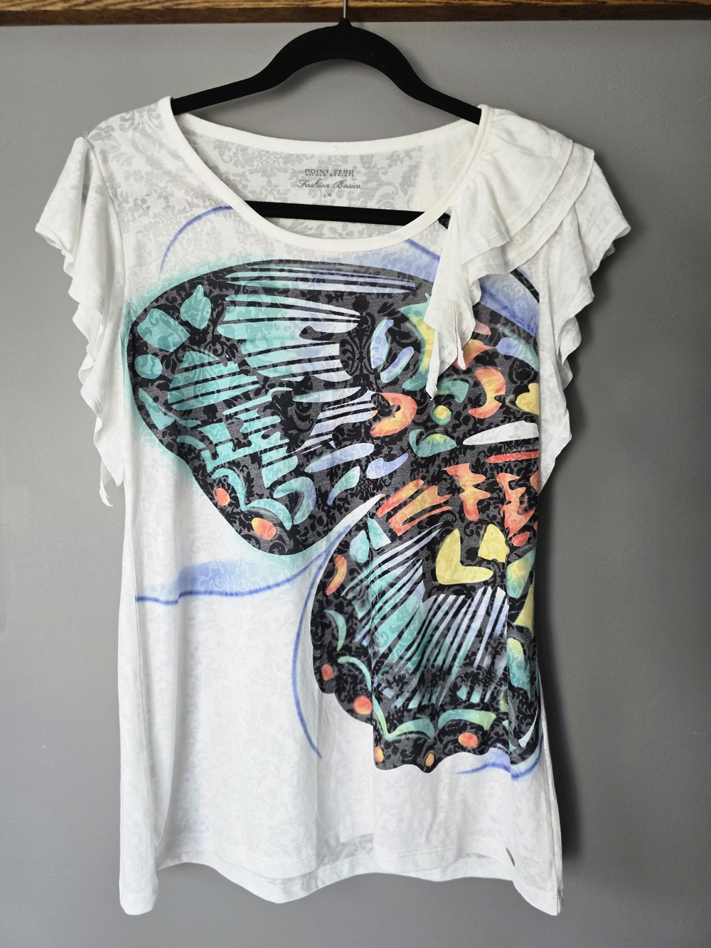 Point Zero White Short Sleeve Tee with Turquoise Butterfly